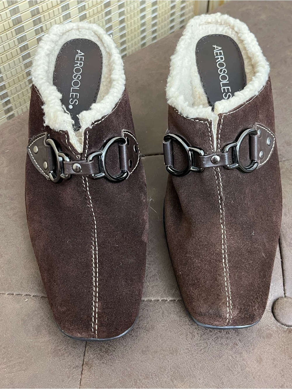 AEROSOLES Dark Brown Suede Shearling-Trim Slip-Ons with Buckle Detail